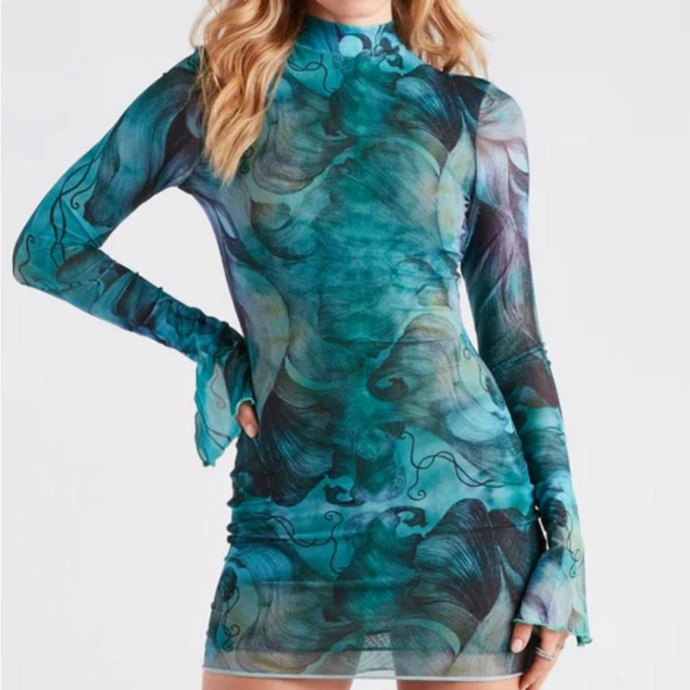 Y2K Blue Abstract See Through Mesh Mini Dress bell sleeve split cuffs stretchy S